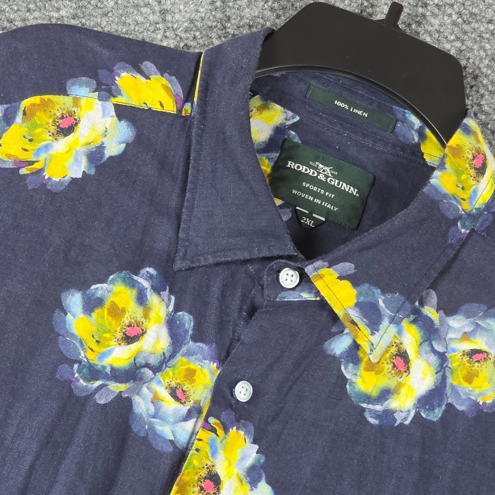 Rodd & Gunn Mens 2XL Sport Fit Black Floral Short Sleeve Linen Shirt Woven Italy